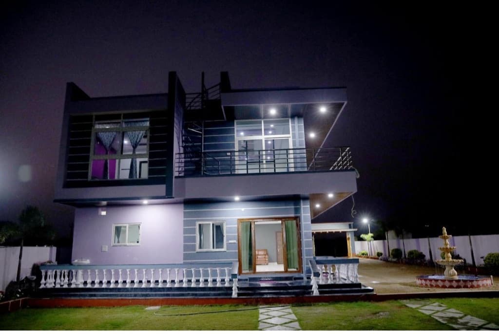The farmhouse at night at Vasantha Farm, Surangal, Moinabad
