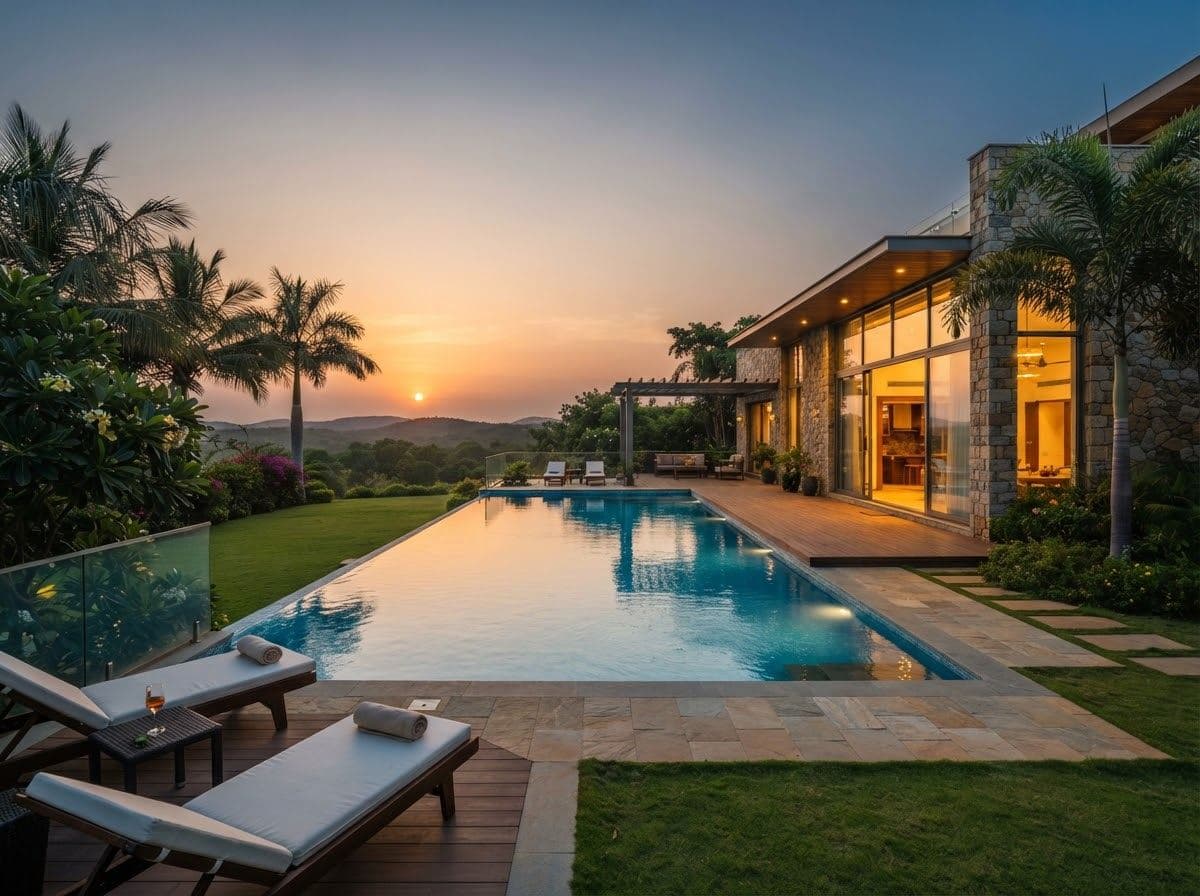 Private pool villa with a lawn and palm trees at sunset