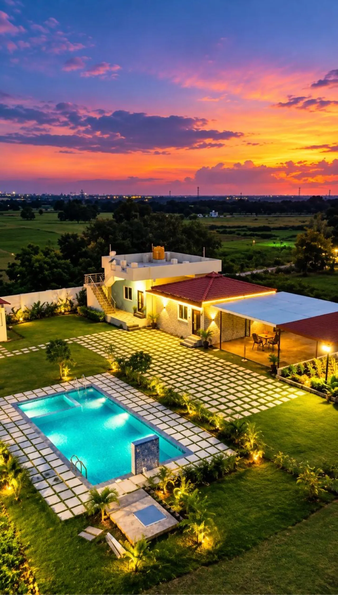 Aerial view of the farmhouse at SP Aura Farms, Moinabad