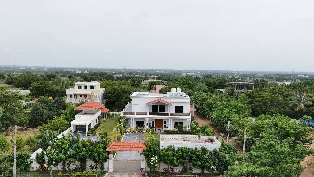 Aerial view of the farmhouse at KK Palace, Surangal, Moinabad